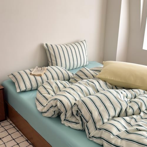 mixinni Retro Green Striped Duvet Cover Set Full Size – Mid Century Vintage Bedding Set, 3 Piece Washed Microfiber Soft Comforter Cover with Zipper & Corner Ties, (1 Duvet Cover + 2 Pillowcases)