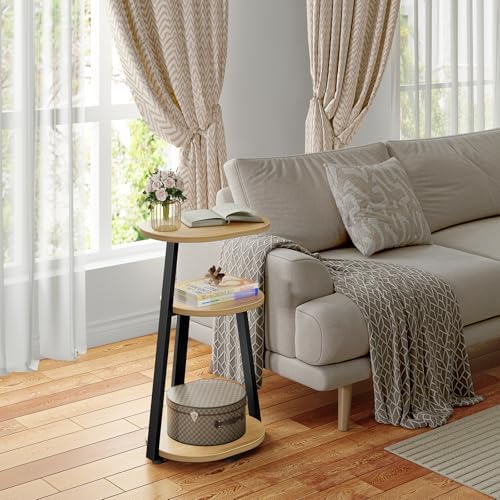 Kalrin Side Table, Small End Table with Metal Frame, 3-Tier Bedside Tables, Round Side Tables for Living Room Bedroom Couch Bathroom, Oval, Modern Oak