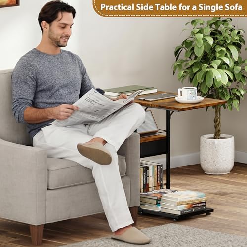 Rolling Coffee Table with Oversized Double-Wide Wood Top, Mobile Tv Tray with Storage Drawer and Wheels for Sofa, Portable Side Table for Living Room, Home Office, Spacious Desk for Working Studying