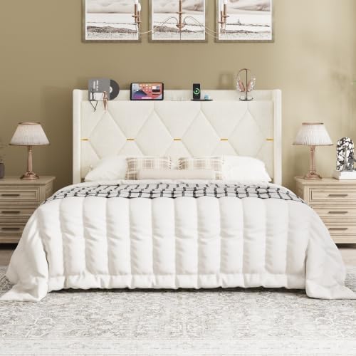 SHA CERLIN Queen Size Bed Frame with Storage Headboard & Charging Station
