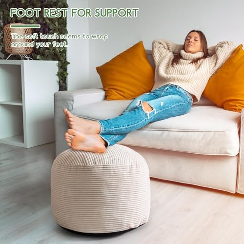 HIGOGOGO Round Stuffed Pouf Ottoman, Corduroy Poufs with Foam Chunk Filling, Furry and Fluffy Pouf Foot Stool Storage Ottoman, 20 X 15 Floor Poufs Foot Rest for Living Room, Beige
