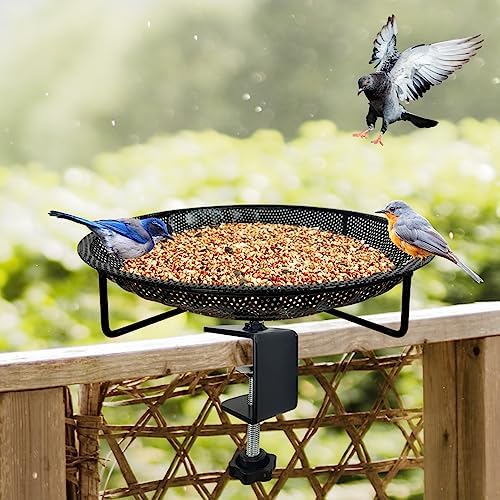 CQAIRIOU Premium Deck Railing Bird Feeder Tray for Balcony,11.8" Stainless Steel Large Platform Bird Feeder Mesh Seed Tray for Outside Wild Birds,Great Decoration for Garden Backyard