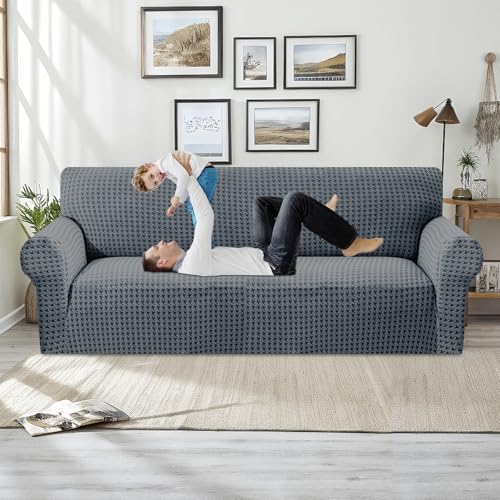 MAXIJIN Stretch Couch Cover Sofa Covers for 3 Cushion Couch (71"-91" Washable Sofa Slipcovers with Non-Slip Foam & Elastic Strap, Dog Cat Pet Friendly Furniture Protector (Large, Dark Gray)