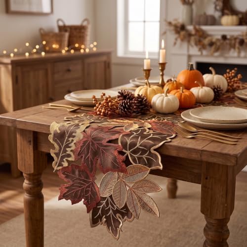 Embroidered Fall Table Runner 13.7 × 108 in, Thanksgiving Table Decor