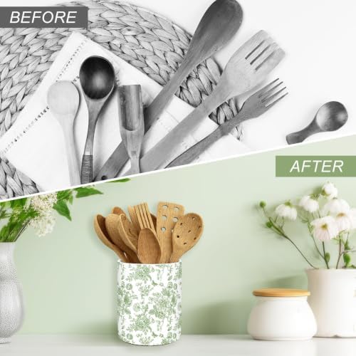 JarThenaAMCS Green Chinoiserie Floral Ceramic Utensil Holder Vintage Flower Butterfly Utensil Crock for Home Kitchen Countertop Storage Organizer Container
