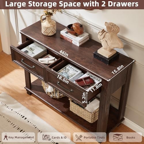 SAVOR LIFE 46" Farmhouse Console Table with Drawers, Walnut Entryway Table