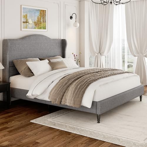 Queen Size 50.4'' Upholstered Tall Headboard Bed Frame, Light Grey