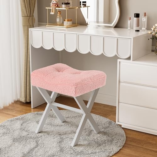 Memobarco 18-Inch Vanity Stool Chair, Pink Padded Saddle Makeup Stool