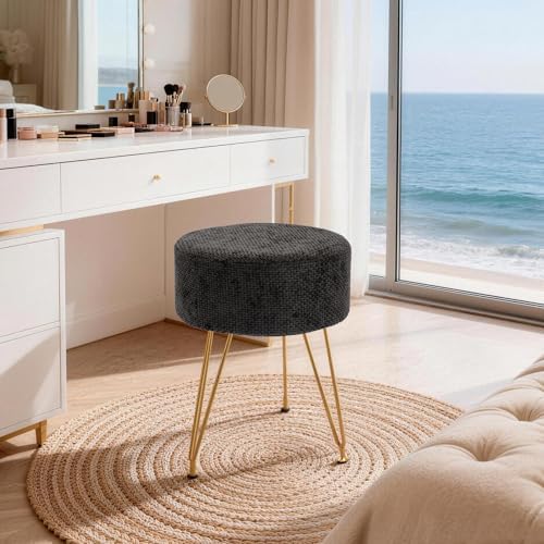 DUMOS Vanity Chair, Vanity Stool, Round Ottoman Foot Rest, Black