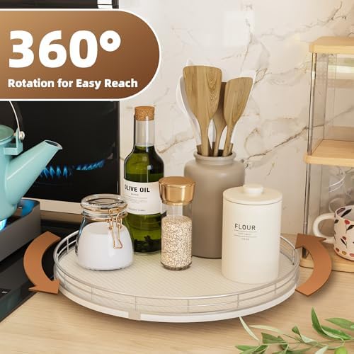 13" Lazy Susan Turntable Organizer for Table Top, Round Wooden Lazy Susan for Cabinet Kitchen Decor Centerpieces Coffee Table, Storage Condiments Spices, Bathroom Vanity Tray for Soap, White