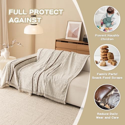 MEETSKY Boho Couch Covers for Sofa, Couch Covers for Dogs, Modern Sofa Slipcover for Sectional Sofa Covers Washable, Chenille Blend Thick Fabric Couch Blanket Cover for Living Room, 71" x 118", Beige