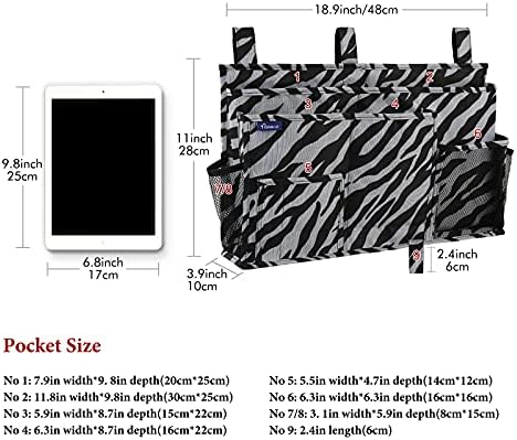 Surblue Bedside Caddy Hanging Organizer Storage Bag Pocket for Bunk, Hospital, College Dorm Rooms, Baby Bed Rails, Camp - 8 Pockets (Large, Zebra)