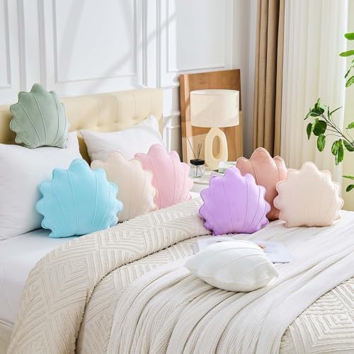 Uvvyui Shell Pillow Seashell Throw Pillow Shell Shaped Decorative Pillows Soft Velvet Sea Shells Pillow Aesthetic Home Decor Sea Ocean Beach Cushion Bed Pillow（Blue, 15x13 Inch）