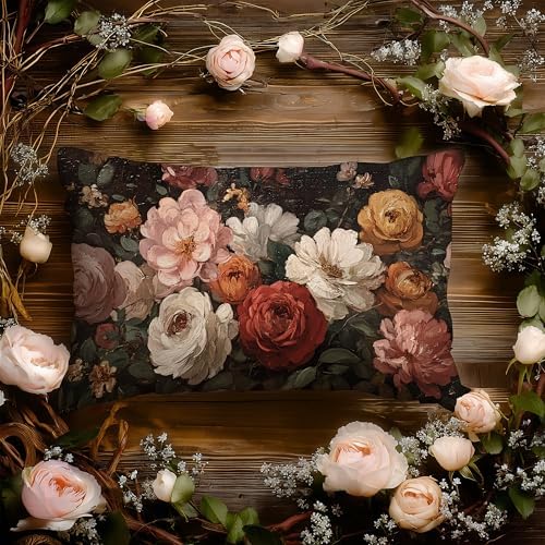 Vintage Moody Dark Floral Throw Pillow Covers 12x20,Rustic Farmhouse Decor,Dark Academia Flower Botanical Decorative Throw Pillow Covers for Home Bedroom Living Room Double-Sided