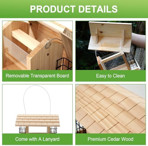 Wooden Bird Feeder for Outdoors Hanging Mount Large Capacity, Pine Garden Roof Feeder with 2 Suet Cages, Cardinal Bluebird Birdfeeder for Garden Decoration Yard, Weatherproof Durable