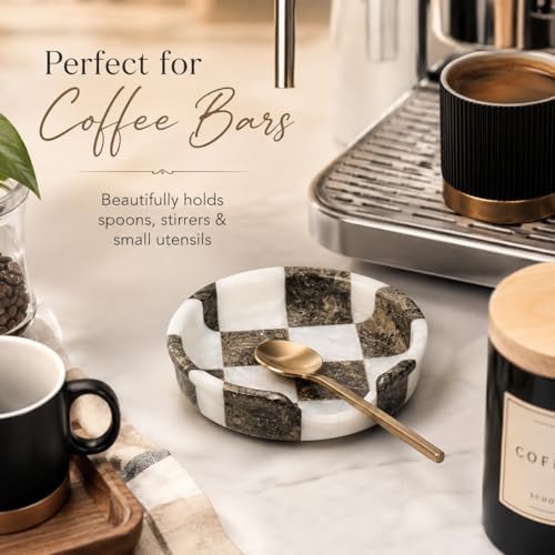 Marble Spoon Rest for Stove Top - Checkered Kitchen Utensil Holder, Coffee Bar Spoon Rest for Counter, White Grey Stone Utensil Rest for Cooking