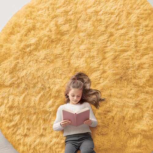 OLANLY Mustard Yellow Round Rugs for Bedroom - Machine Washable, 9 ft Circle Area Rugs for Living Room, Soft and Fluffy Shaggy Carpet for Teen Girl and Boys, Nursery Rooms, Dorms, Home Decor Aesthetic
