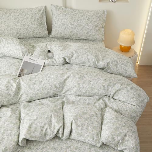 HighBuy Green Floral Duvet Cover Set King 100% Cotton Soft,Boho Chic Cottagecore White Floral Bedding Comforter Cover Set Vintage Decor Design -(1 Duvet Cover with 2 Pillow Shams)