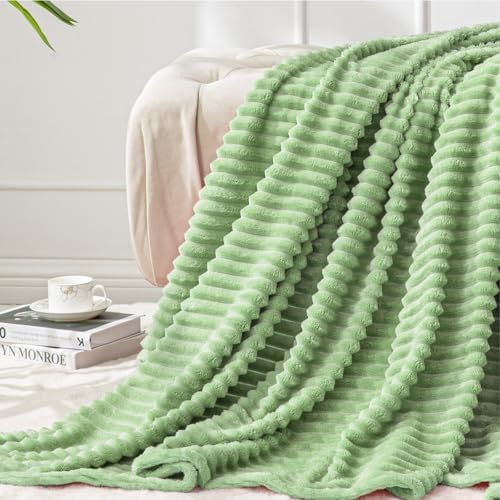 BEDELITE 3D Ribbed Apple Green Fleece Throw Blanket for Couch, 50x60 Inch