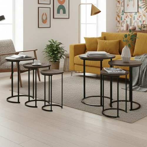 Lavish Home Round Nesting Tables Set of 6, Woodgrain-Look Top, Gray-Brown