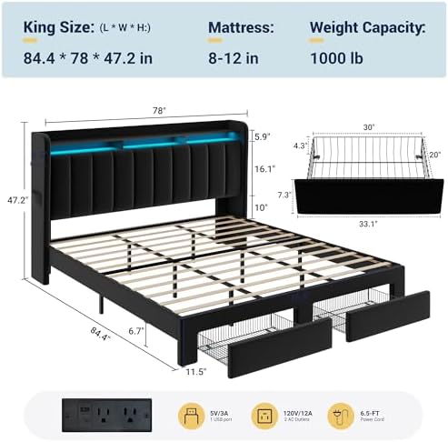 Allewie King Size Bed Frame with 2-Tier Storage Headboard & 2 Large Drawers