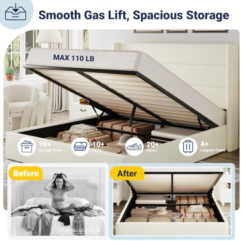 Allewie Queen Size Chenille Lift Up Hydraulic Storage Bed Frame Cream White