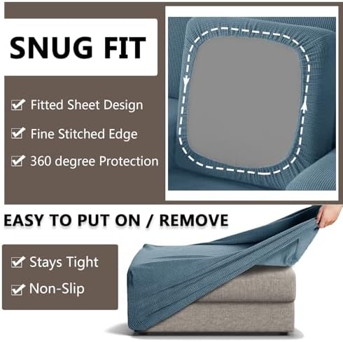 3 Piece Stretch Matching Chair and Ottoman Slipcover Set, Jacquard Arm Chair/Ottoman/Fitted Seat Covers, Non-Slip Accent Armchair and Foot Stool Slip Cover (Dust Blue,3 Pieces Set)