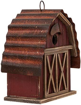 glitzhome 10.2" H Rustic Bird House Outdoor Garden Red Barn Patio Garden Decorative Handmade Distressed Solid Wood Birdhouse
