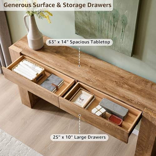 OKD 63" Console Table with Drawers, Thick Block Entryway Table, Light Oak
