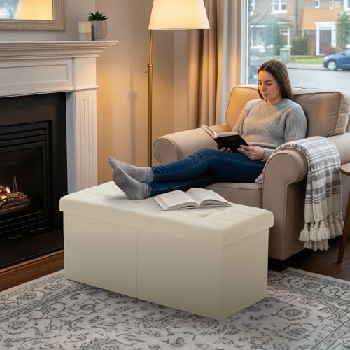 30-INCH Ottoman with Storage, Footrest Storage Bench, End of Bed Bench Coffee Table for Living Room, Bedroom, Entryway (Beige)