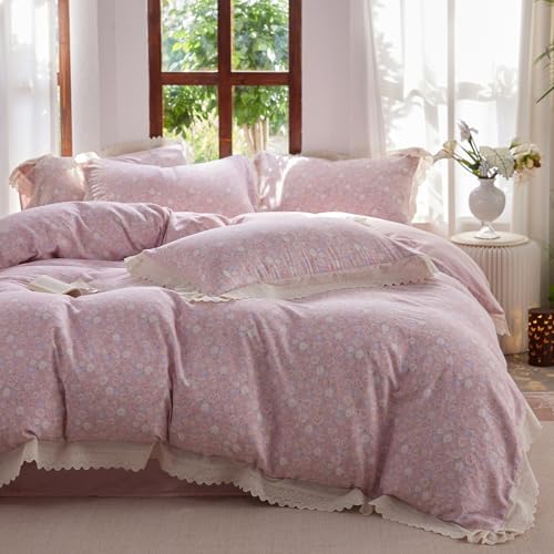 LifeTB Pink Floral Duvet Cover Twin XL, Muslin Cotton Romantic Ruffle Duvet Cover with 2 Pillowcases, Botanical Flower Soft Gauze Comforter Cover, Cottagecore Style Princess Lace Bedding Set