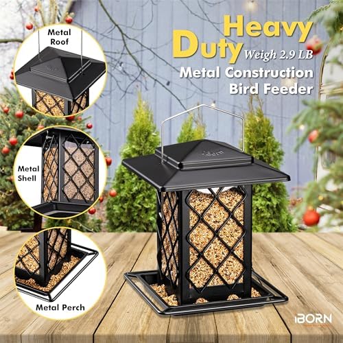 iBorn Bird Feeders for Outdoors, Metal Bird Feeder, Wild Bird Feeders for Cardinal, 2.3LBS Capacity,17.7cm Large Roof, Lantern Style, Black