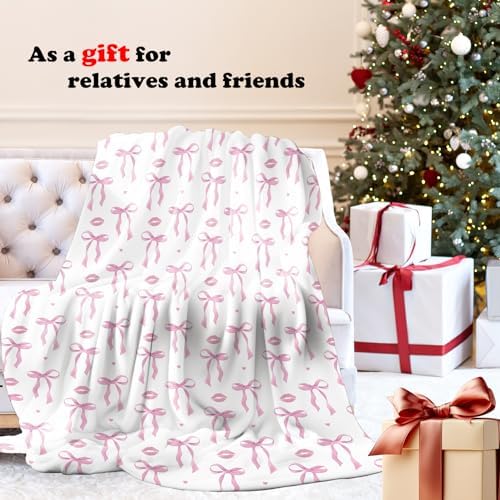Coquette Pink Bow Throw Blanket for Couch, Preppy Room Dorm Decor, Aesthetic Pink Ribbon Bow Lips Throw Blanket for Girls Bedroom Living Room Home Decoration, 50x60 Inches