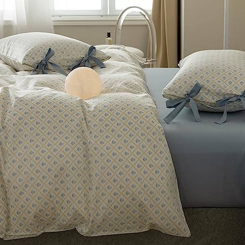 Blue Flower Duvet Cover Queen with Plaid Grid Prints,100% Cotton Bedding Set,Aesthetic Comforter Cover for Girls Women 90x90 Inch