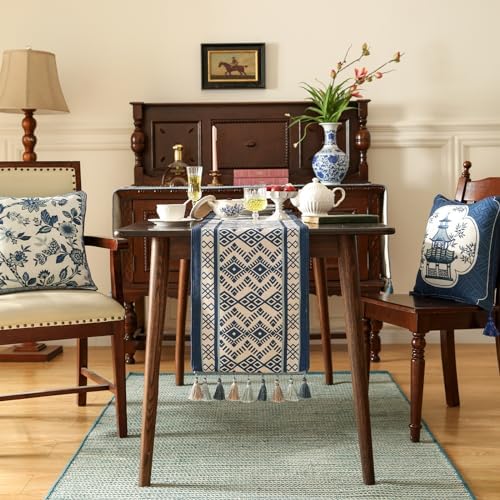 bilin gaier Chinoiserie Blue Stripe Cloth Runner for Table,Decorative Farmhouse Linen 87 Inches Long Table Runners,Decor Tabletop for Kitchen,Dining,Party,Home,Christmas,12"x87"