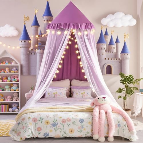 Kertnic Princess Bed Canopy for Girls, Double Layer Round Bed Mosquito Net, 31.5" Large Dome Indoor Castle Bed Tent, Sleeping & Reading Nook Curtain for Boys Girls (Purple)