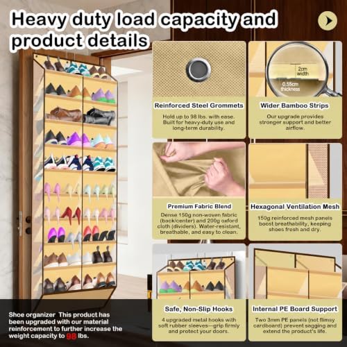Kotkn 10-Tier Over the Door Shoe Organizer, 20 Pockets Holds 20-30 Pairs, Heavy-Duty Oxford Fabric with Hexagon Mesh for Boots & Sneakers, Beige