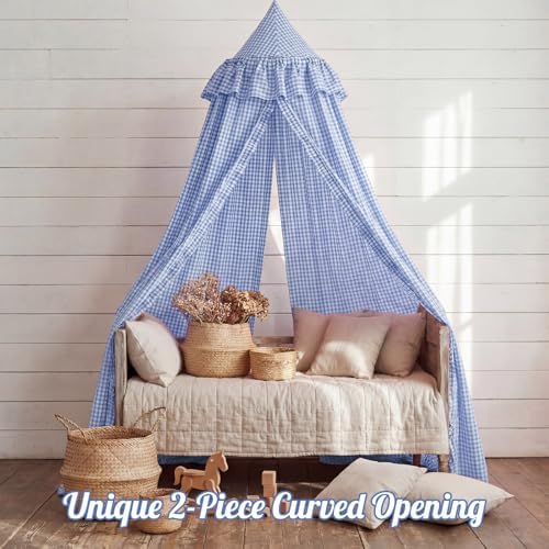SmoothNovelty Gingham Plaid Bed Canopy, Blue White, Round