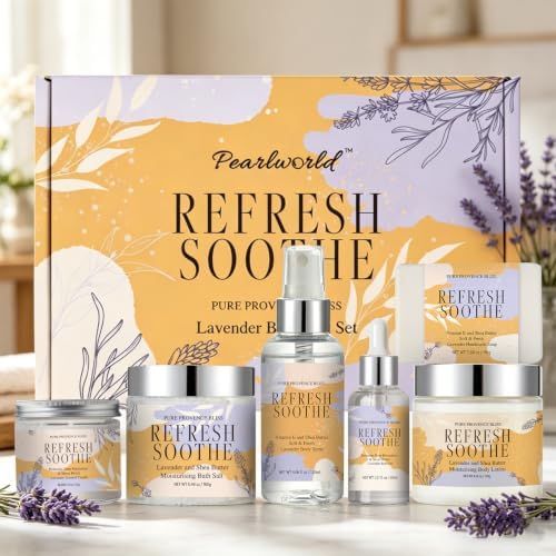 Spa Gift Set for Women, 6Pcs Lavender Bath Gift Set Home Spa Kit with Bath Salts Body Butter Shower Gel Essential Oil Candle Soap Self Care Gifts for Her Birthday Mother's Day Christmas