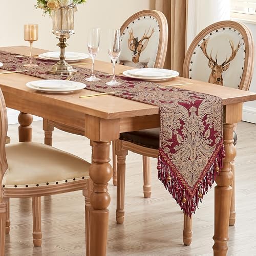 Loom and Mill Luxury Damask Table Runner 72 Inches Long, Wine Red