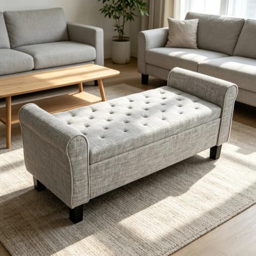 51 Inch Light Gray Linen Storage Ottoman Bench with Rolled Armrests