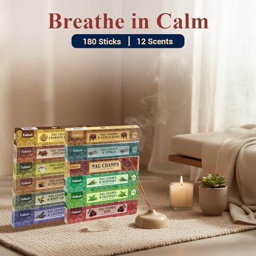 Tulasi Nag Champa Incense Sticks Assorted/Variety Pack – 180 Hand Rolled Sticks, 12 Natural Scents | Sandalwood, Lavender, Vanilla, White Sage | Meditation & Yoga Aromatherapy