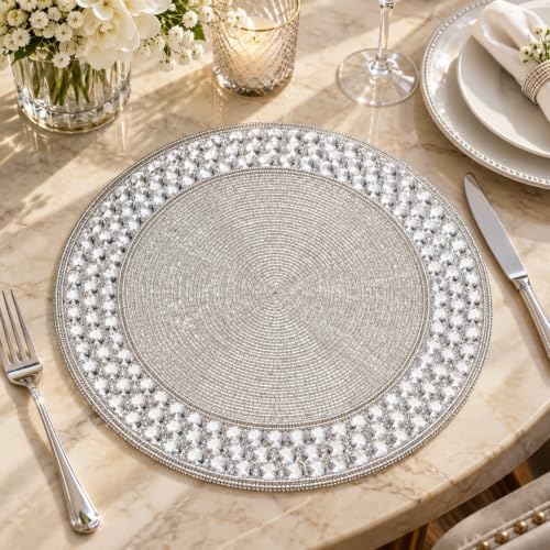 Beaded Round Placemats 13 Inch, Handmade Silver Stone Border Round placemat