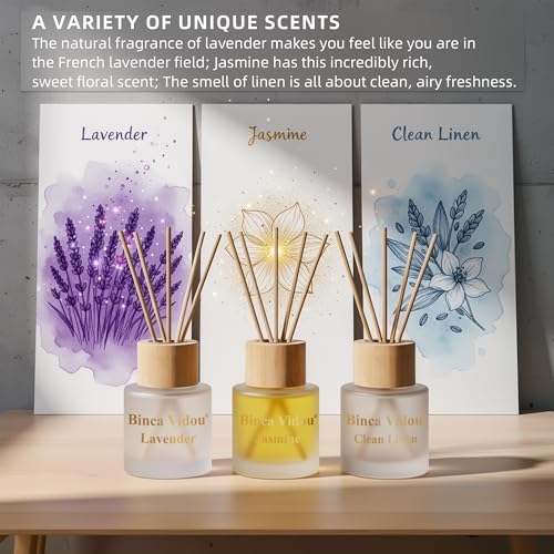 Reed Diffuser Set, Binca Vidou Lavender Linen Jasmine Natural Scent 1.69oz