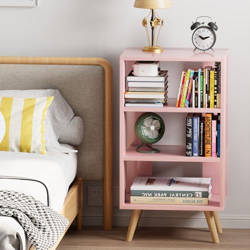 Aenuert Night Stand, Pink Nightstand, Modern End Table with Open Storage, 3-Tier Wooden Bedside Table for Small Space, Living Room, Bedroom
