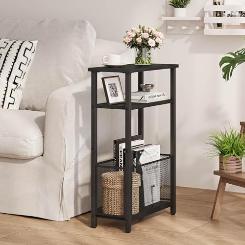 MMEOLUOOK Narrow Side Table with Storage Basket Skinny End Tables for Smalls Spaces 3 Tier Sofa Table Small Nightstand Slim Bedside Table for Living Room Bedroom Black MLBZ22B