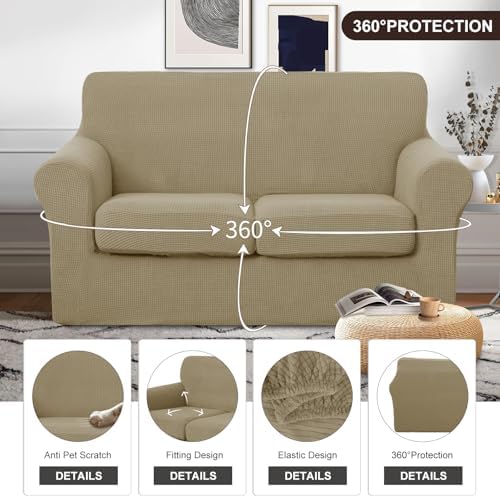 U-NICE HOME 3 Pieces Stretch Loveseat Couch Cover, Sand
