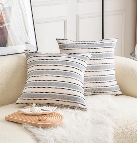 Cethom Decorative Boho Throw Pillow Covers, Farmhouse Textured Pillow Case, 20 x 20 Inch Set of 2, Chair Sofa Bedroom Living Room Decor Couch Cushion Case, Navy Blue and Beige Striped