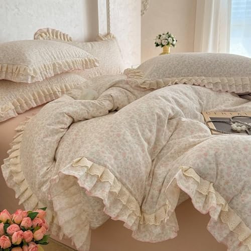 BuLuTu French Cottage Pink Floral Duvet Cover Twin, Lace Bedding Set for Teens Girls Ruffled Duvet Cover, Soft Breathable Muslin Cotton Comforter Cover with Zipper Closure, 4 Ties