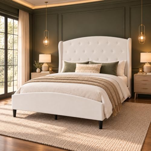 Queen Size Upholstered Bed Frame with 53" Velvet Headboard
